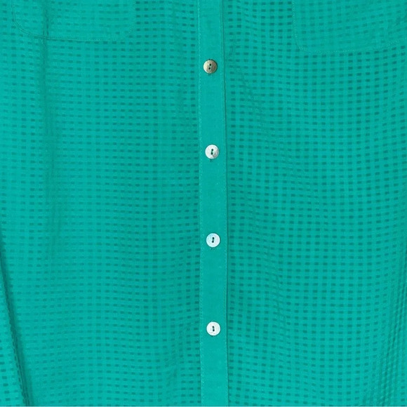 Notations XL Shirt Top Blue Check Button Up Tab Long Sleeve V Neck Semi Sheer - Picture 2 of 8